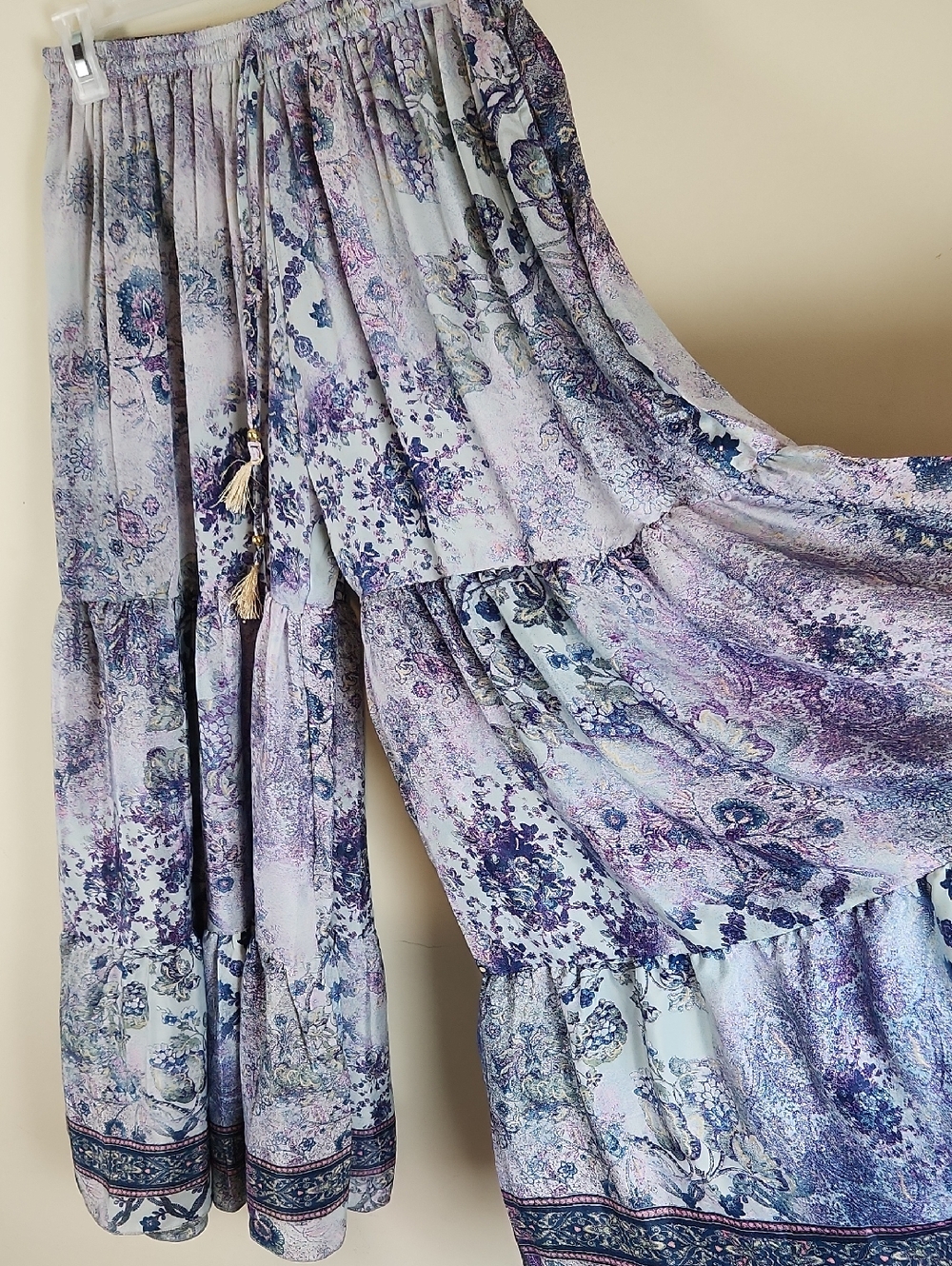 Silk Lavender Blue Floral Tiered Wide Leg Pants One Size Fits Most S M L XL